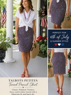 Talbots Petites Tweed Pencil Skirt Navy Red White Textured Career Skirt Size 2P